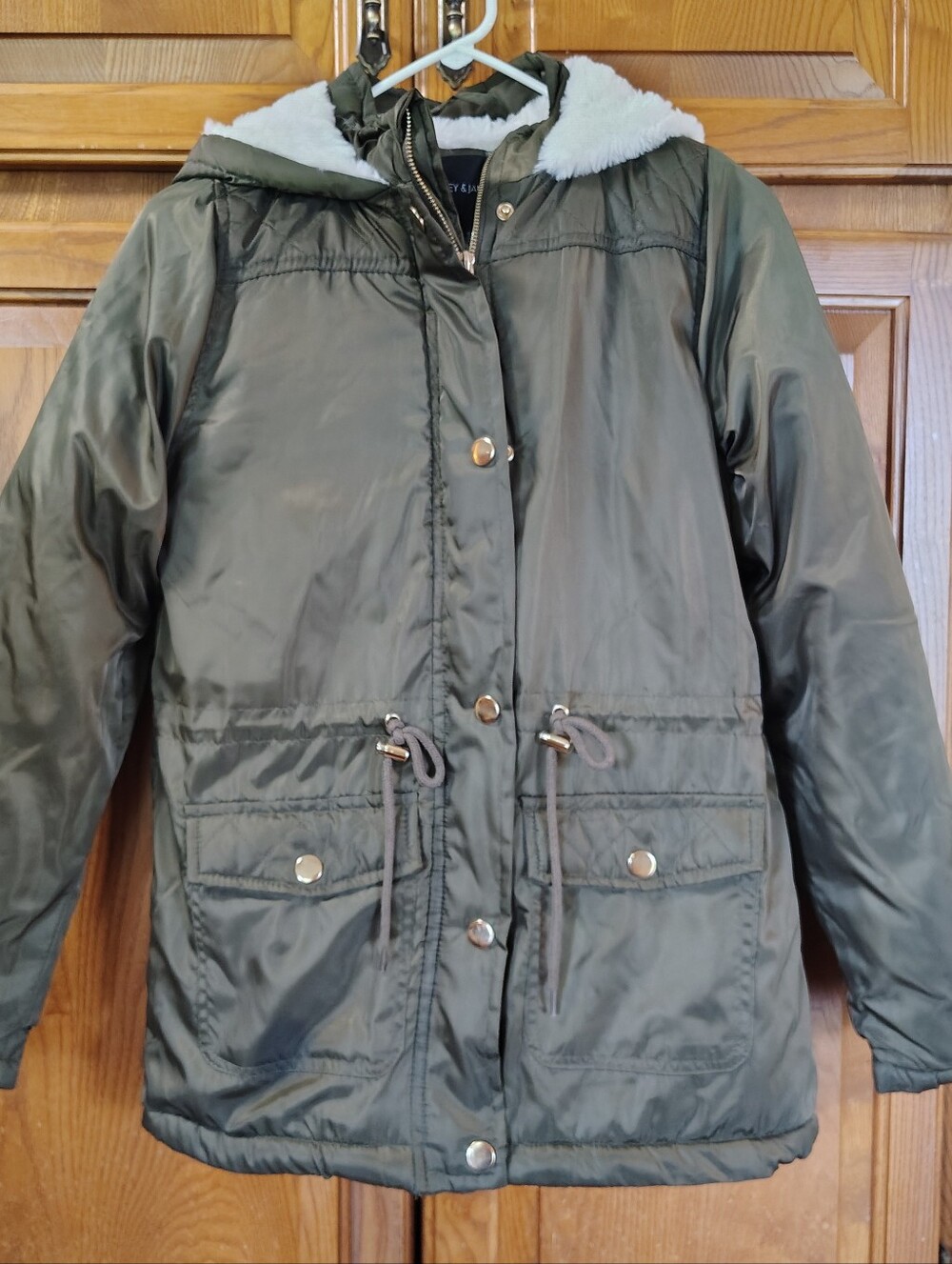 Riley & James Faux Fur Lined Coat Jacket Olive Green Womens Size S Soft Snap Zip